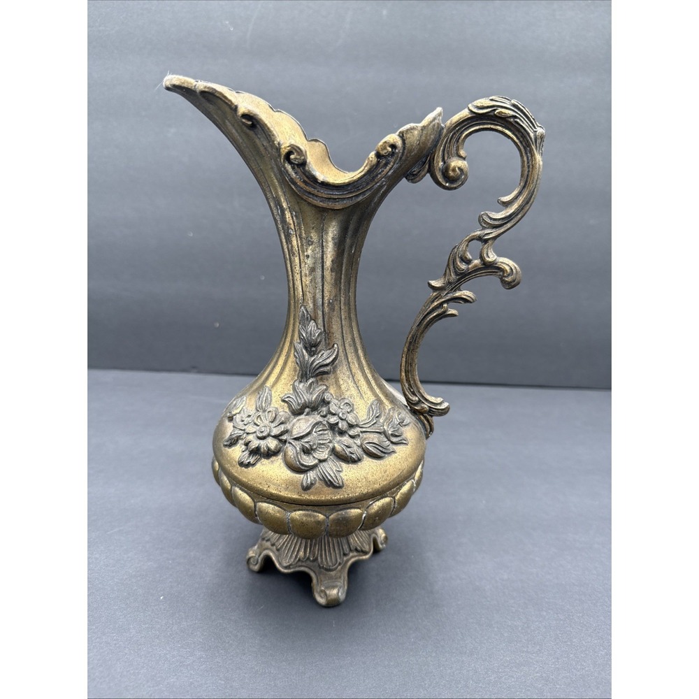 Vtg Italian Brass Ewer Pitcher Vase Ornate Rococo Floral Footed Made in Italy